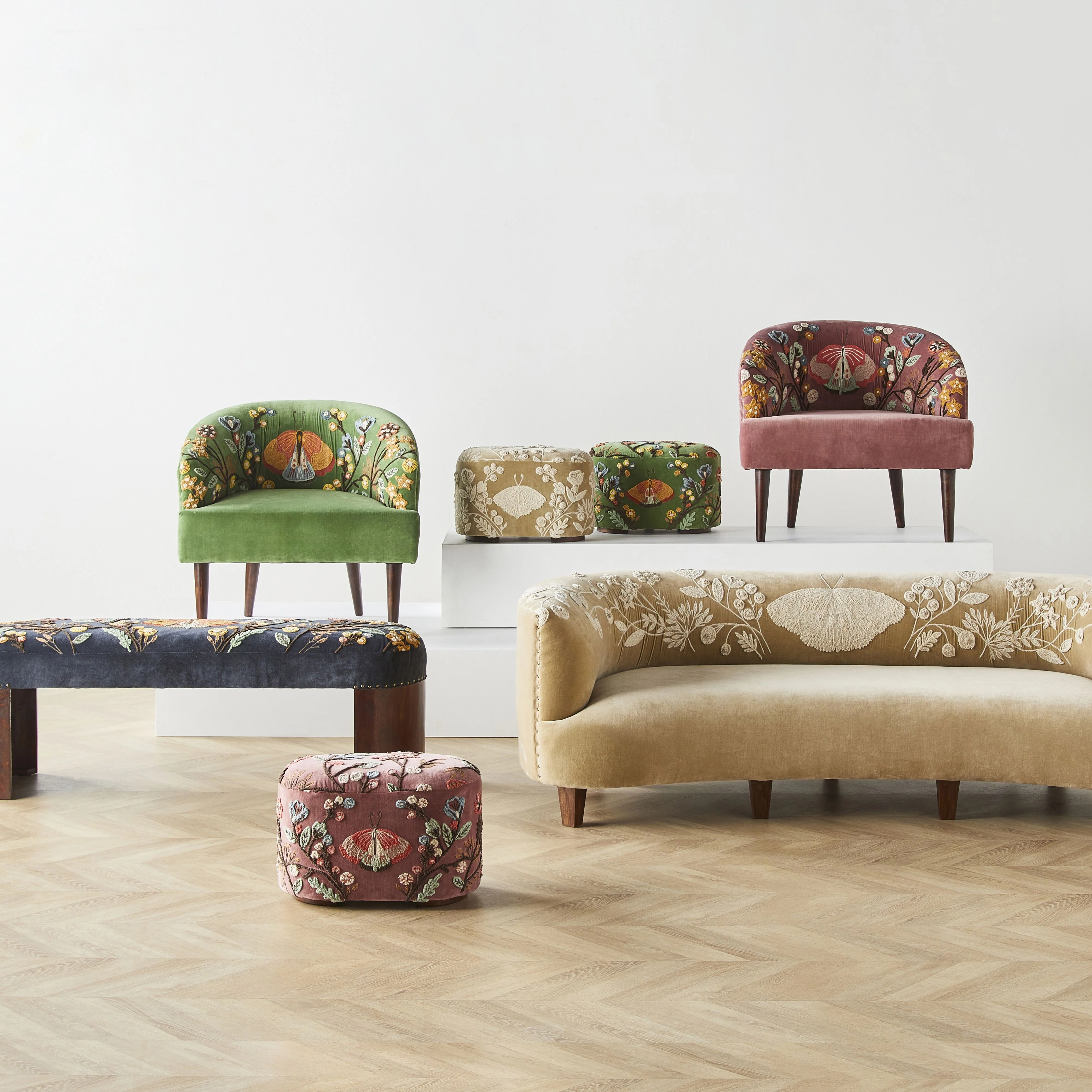 Freya Embroidered Ottoman Rose Pink Velvet - Image 8